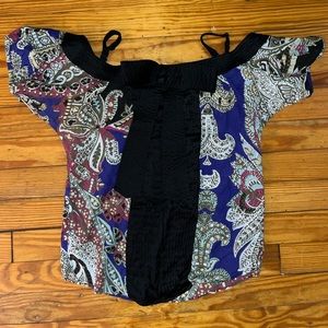 Just Cavalli paisley blouse satin trim bow puff sleeve bra strap 40 y2k